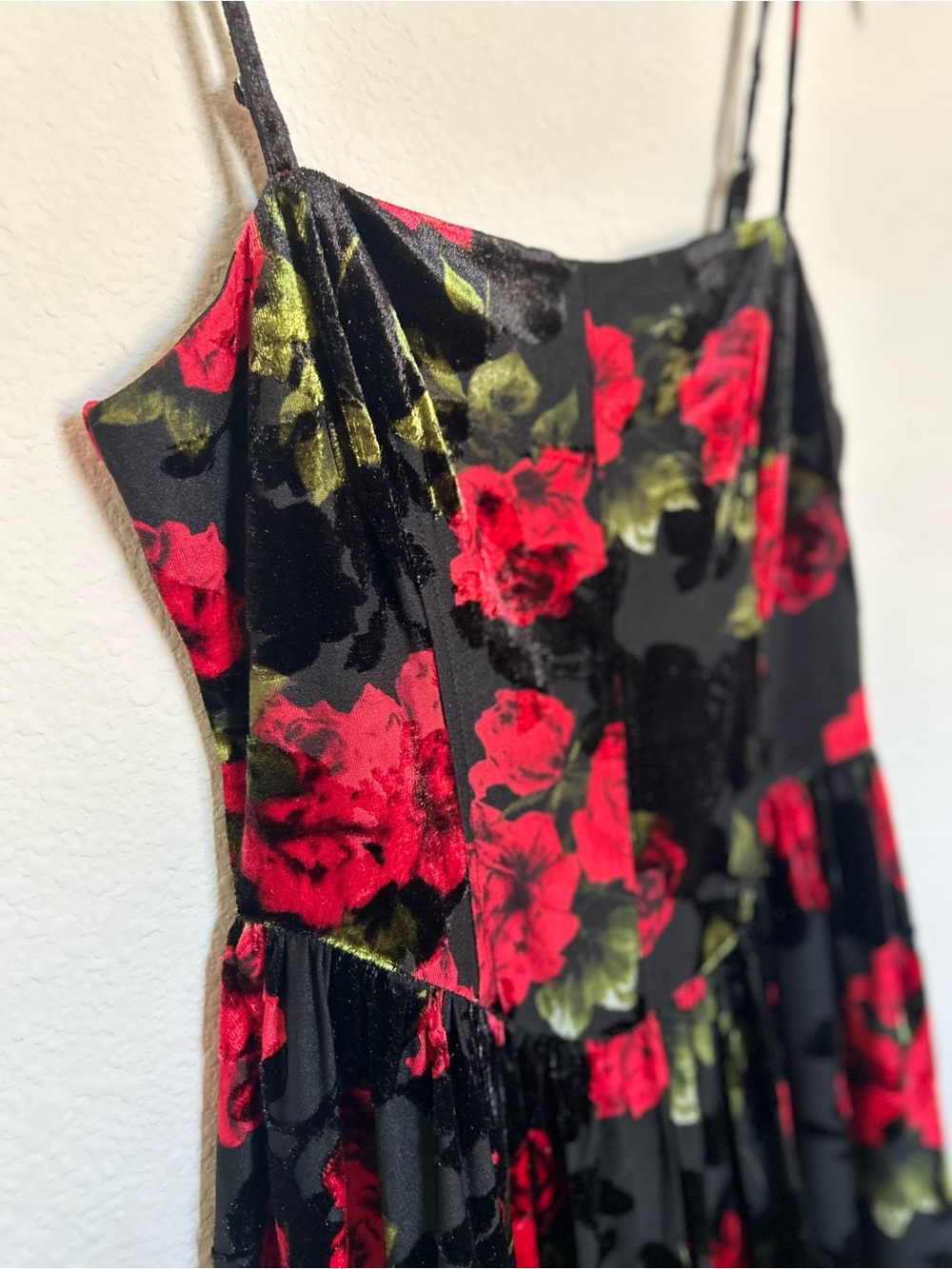 I.N. San Francisco Black Velvet Mini Dress with Red Floral Print
